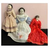 3 Pcs Antique Porcelain Cloth Body Dolls