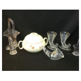 Covered Dish, Glass Cornucopias & Baskets