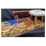 Vintage Foot Stool, Wood Shelf, Pheasant Tapesrty+
