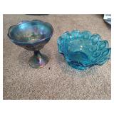Carnival Glass Dish & Blue Glass Bowl