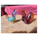 2 Glass Rooster Figurines