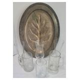 Footed Meat Tray Platter & 6 Various Glasses