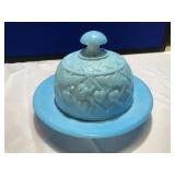 Blue Milk Glass Butter Dish w/ Dome