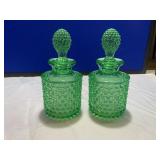 Pair of Blown Green Hobnail Decanters W/ Stoppers