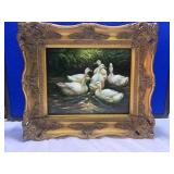 Oil Painting on Board of Swans in Pond