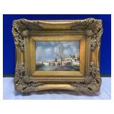 Oil Painting on Board of Dutch Winter Scene w/ Win