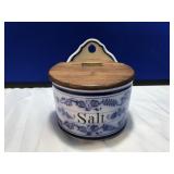 Flow Blue Salt Box With Wooden Lid