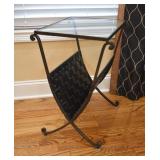 Curule-style Glass-top Side Table w/ Woven Leather