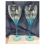 2 Blue & Clear Stemware Etched