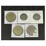 Lot of (5) vintage casino tokens