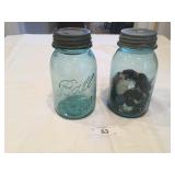 Two #9 Blue Ball Jars One With Collection of Butto
