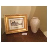 Gold Framed Ellis Island Print & Lenox Vase