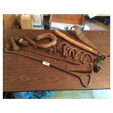 Box of Metal Pieces - Horse Shoes, Wrench, Poker,