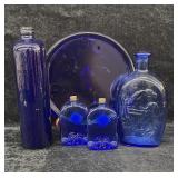 5 pcs. Cobalt Blue Glasswares & Stoneware Bottle