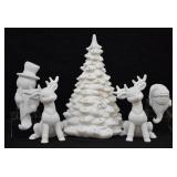 4 pcs. Porcelain Bisque Christmas Figures & Tree