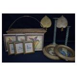 11 pcs. Framed Art, Magazine Rack & Candlesticks