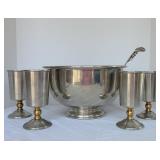 6pc Pewter Punch Bowl, Ladle & Goblet Set