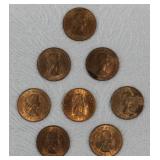 Britain Queen Elizabeth Pennies; 8 Coins, UNC