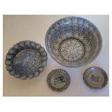 4pc Stoneware Pottery Blue Sponge Print