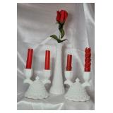 Milk Glass 2 Short Candelabras and 1 Vase