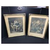 2 Framed Antique Colored French Prints