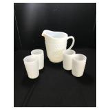 Milk Glass Hobnail Pitcher w/ Water Glasses