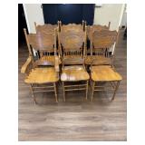 6 Oak Press Carved Dining Chairs