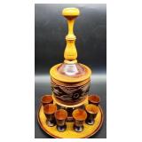 Vntg Carved Wood Decanter Set