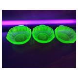 3 Vaseline Glass Bowls with Handles