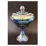Indiana Blue Carnival Glass Grape Lidded Compote