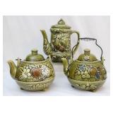 3 Vntg Japan Olive Green Ceramic Teapots