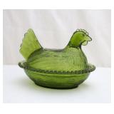 Olive Green Glass 7" Nesting Hen Candy Dish