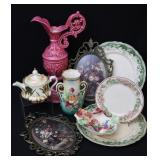 Antique Plates, Ewer, Convex Glass Art ++