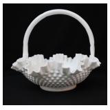 Fenton Hobnail Milk Glass Basket - cracked