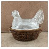Vtg Split Tail Clear Glass Hen On Ceramic Nest