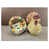 Turkey Candy Dish w/ Vtg Cornucopia Basket