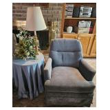 Vtg Blue Arm Chair w/ Table & Lamp