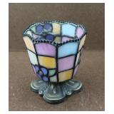Vtg Party Lite Stained Glass Brass Candle Holder