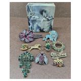 Vtg Brooch Collection w/ Art Deco Jewelry Box