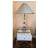 White & Gold 1 Drawer Glass Top End Table w/ Lamp
