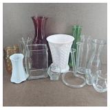 Vtg Pink Milk Glass Vase w/ Misc. Vases