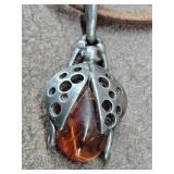 925 Sterling Genuine Amber Lady Bug Necklace
