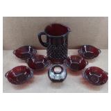 Ruby Hobnail Pitcher, Dessert Bowls & Ash Tray