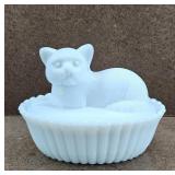 Westmoreland Milk Glass Cat Basket Trinket Dish