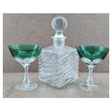 2pc Emerald Trim Wine Glasses & Decanter