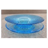 2pc Aqua Hobnail Pedestal Bowl & Plate