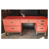 Asian Mid-Century Red Desk w/ 6 Drawers