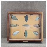 9pc Early Native American Stone Arrowhead Display