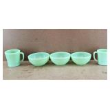 3 Fire King Jadeite Bowls & 2 Cups