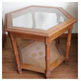 Vtg Hexagonal Solid Wood Cane Beveled Side Table